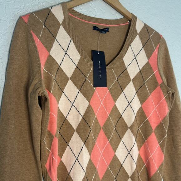 NEW Tommy Hilfiger Camel Tan Argyle Sweater V Neck Golf Caddyshack Sporty Preppy - Picture 2 of 8